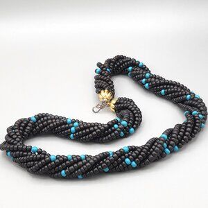 Chunky Black & Gray Beaded Twisted Necklace With Blue Bead Accents Hook Close